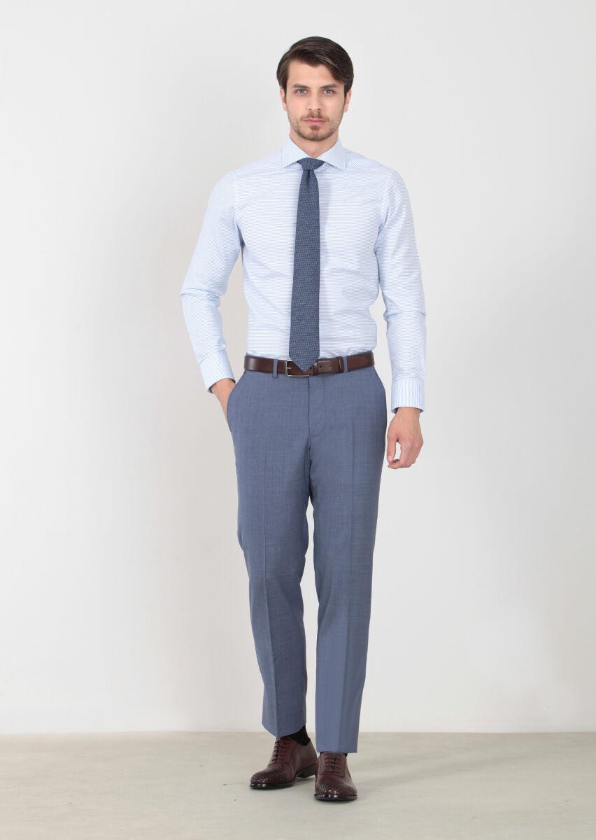 Light Blue Weaving Regular Fit Classical 100% Wool Trousers - 2