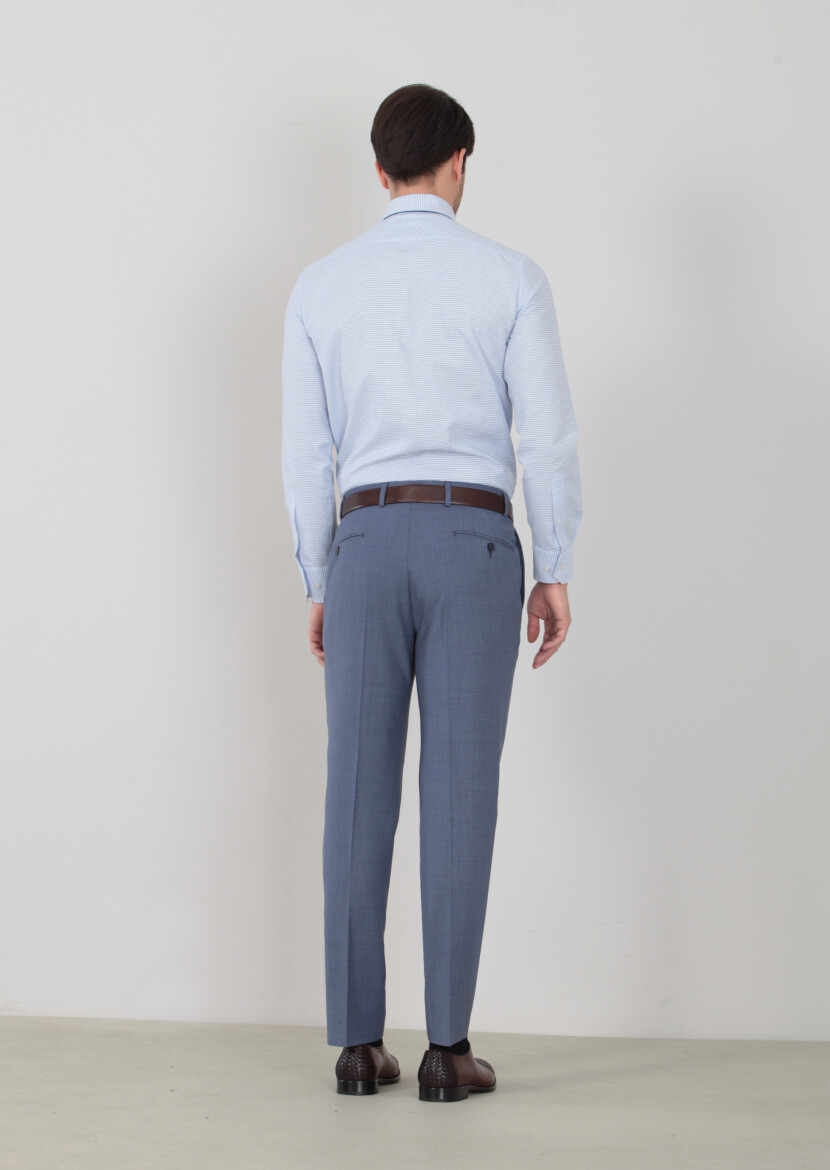Light Blue Weaving Regular Fit Classical 100% Wool Trousers - 4