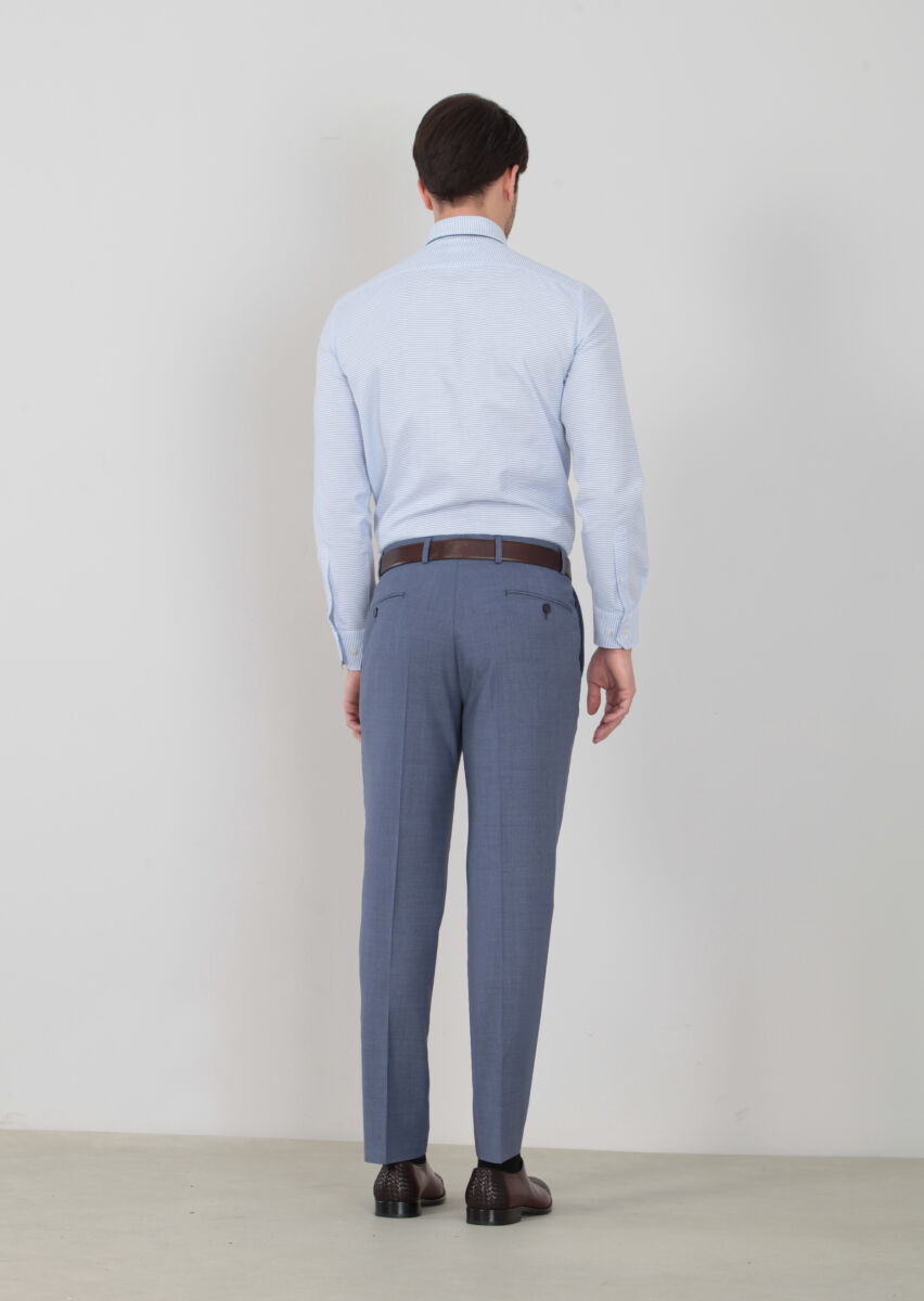 Light Blue Weaving Regular Fit Classical 100% Wool Trousers - 4