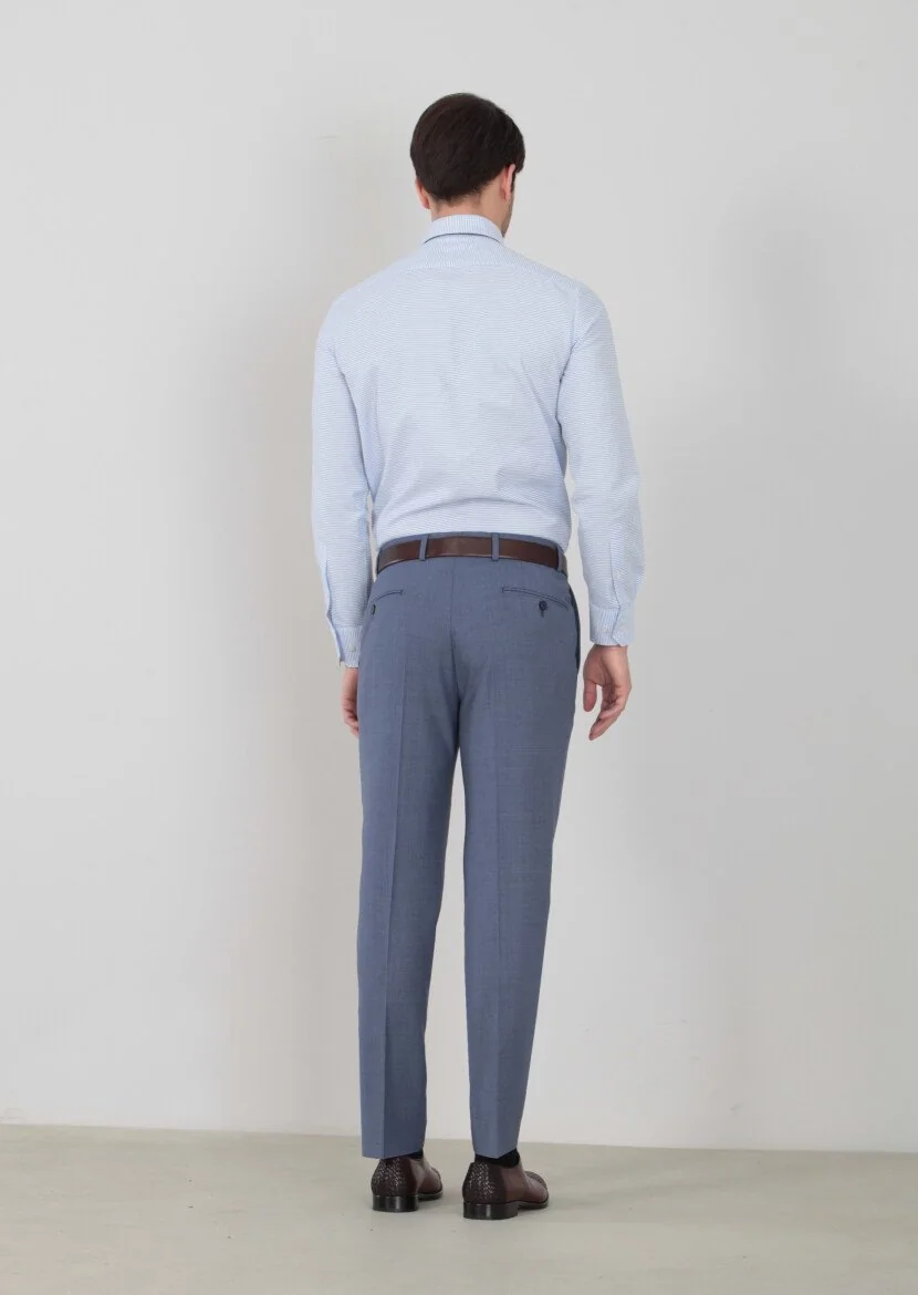 Light Blue Weaving Regular Fit Classical 100% Wool Trousers - 4