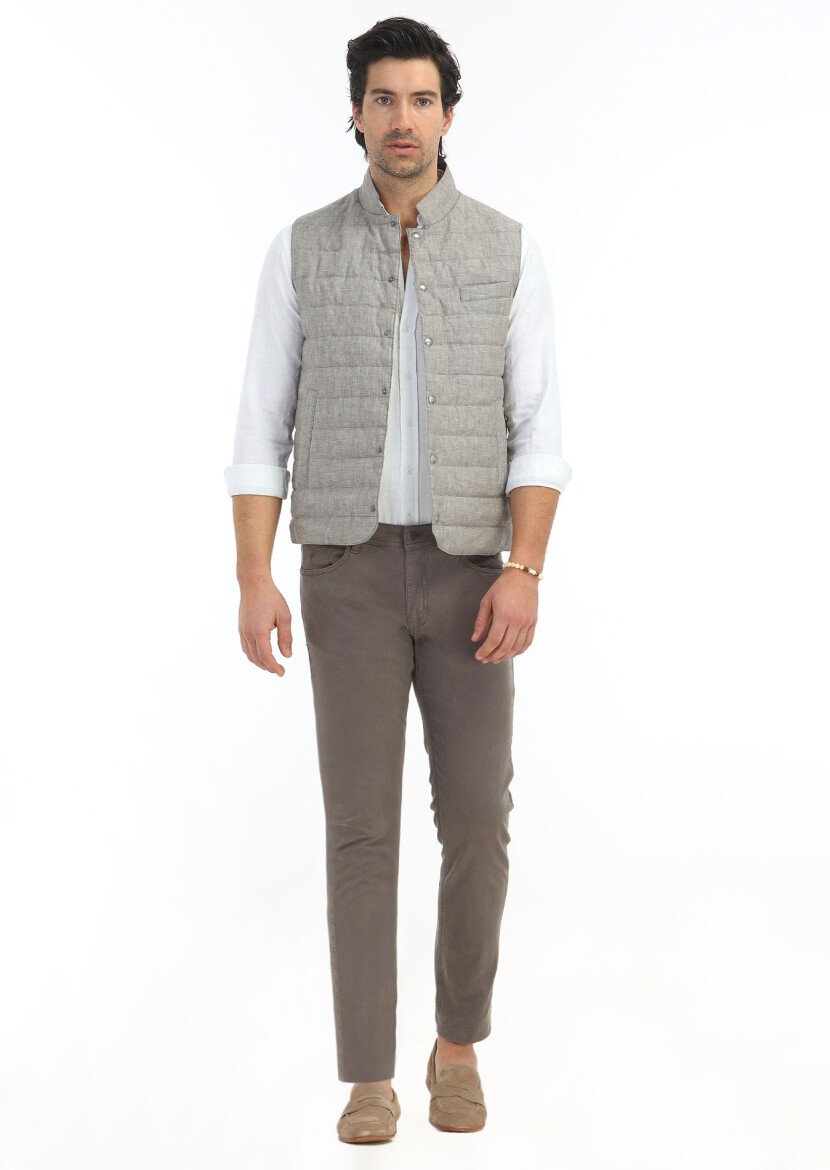 Light Brown 100% Linen Weaving Puffer Vest - 1
