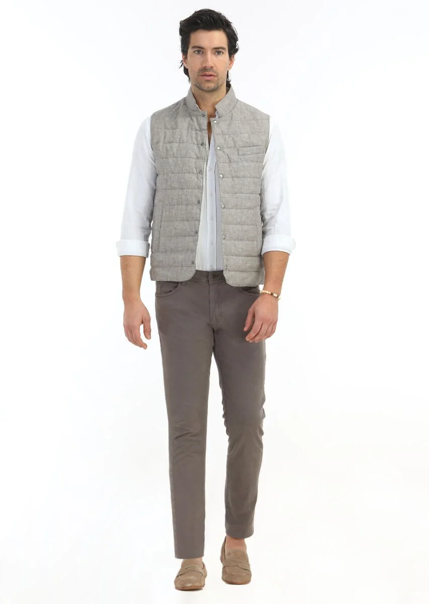 Light Brown 100% Linen Weaving Puffer Vest - 1