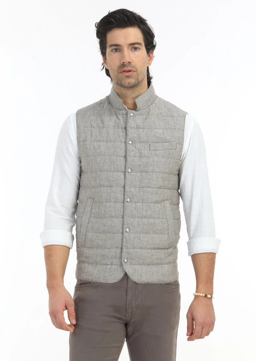 Light Brown 100% Linen Weaving Puffer Vest - 2