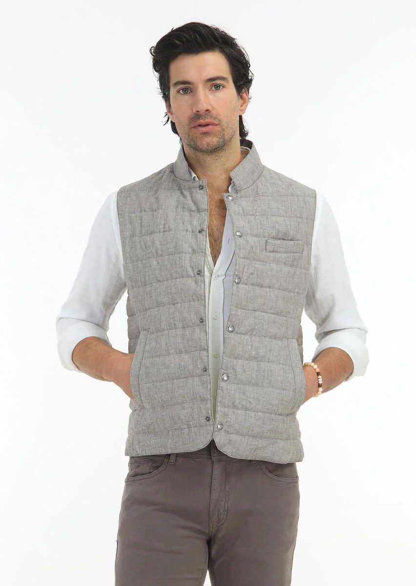 Light Brown 100% Linen Weaving Puffer Vest - 3