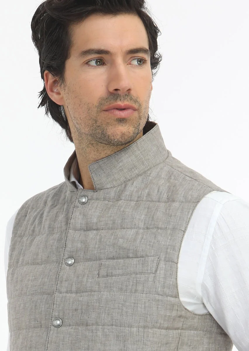 Light Brown 100% Linen Weaving Puffer Vest - 4