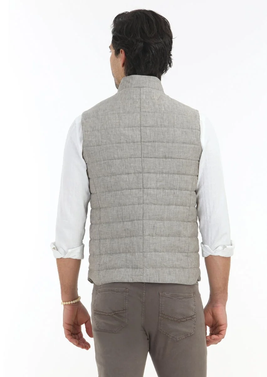 Light Brown 100% Linen Weaving Puffer Vest - 5