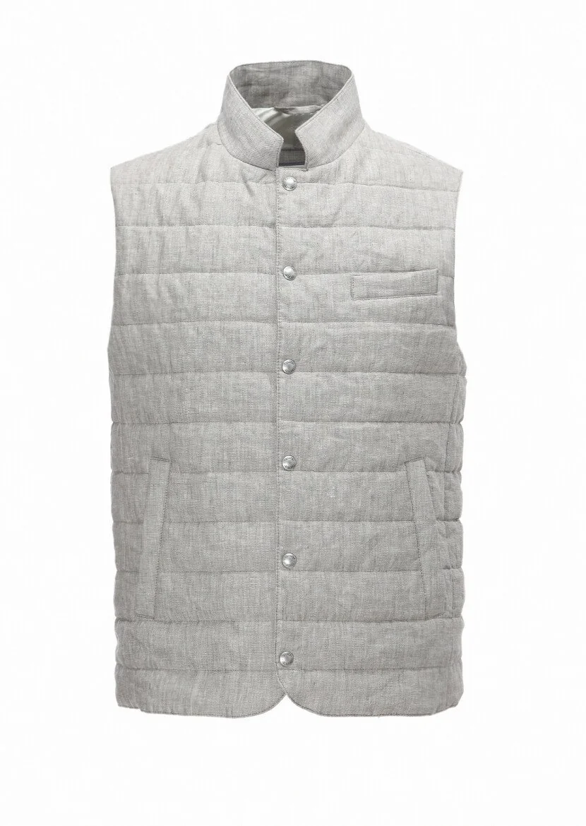 Light Brown 100% Linen Weaving Puffer Vest - 6