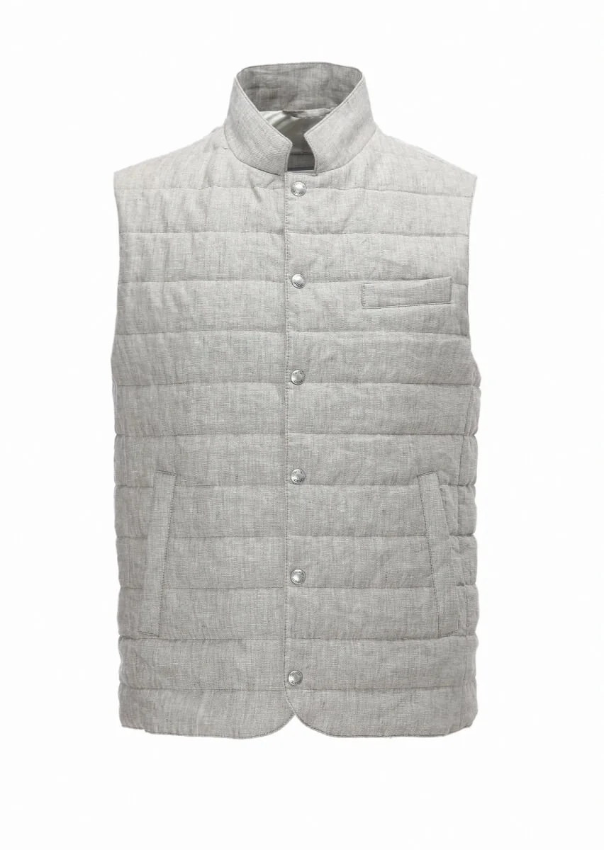 Light Brown 100% Linen Weaving Puffer Vest - 6
