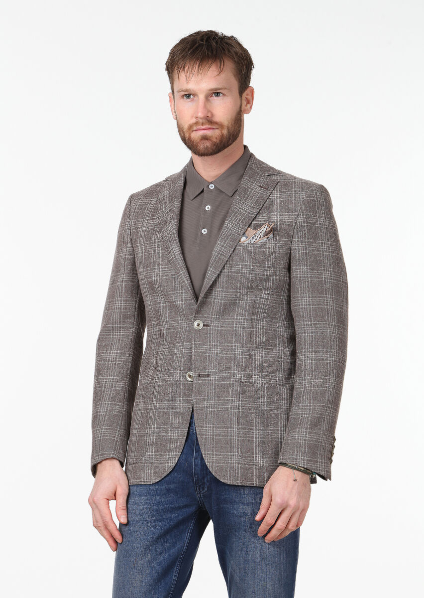 Light Brown Checkered Modern Fit Wool Blended Jacket - 1