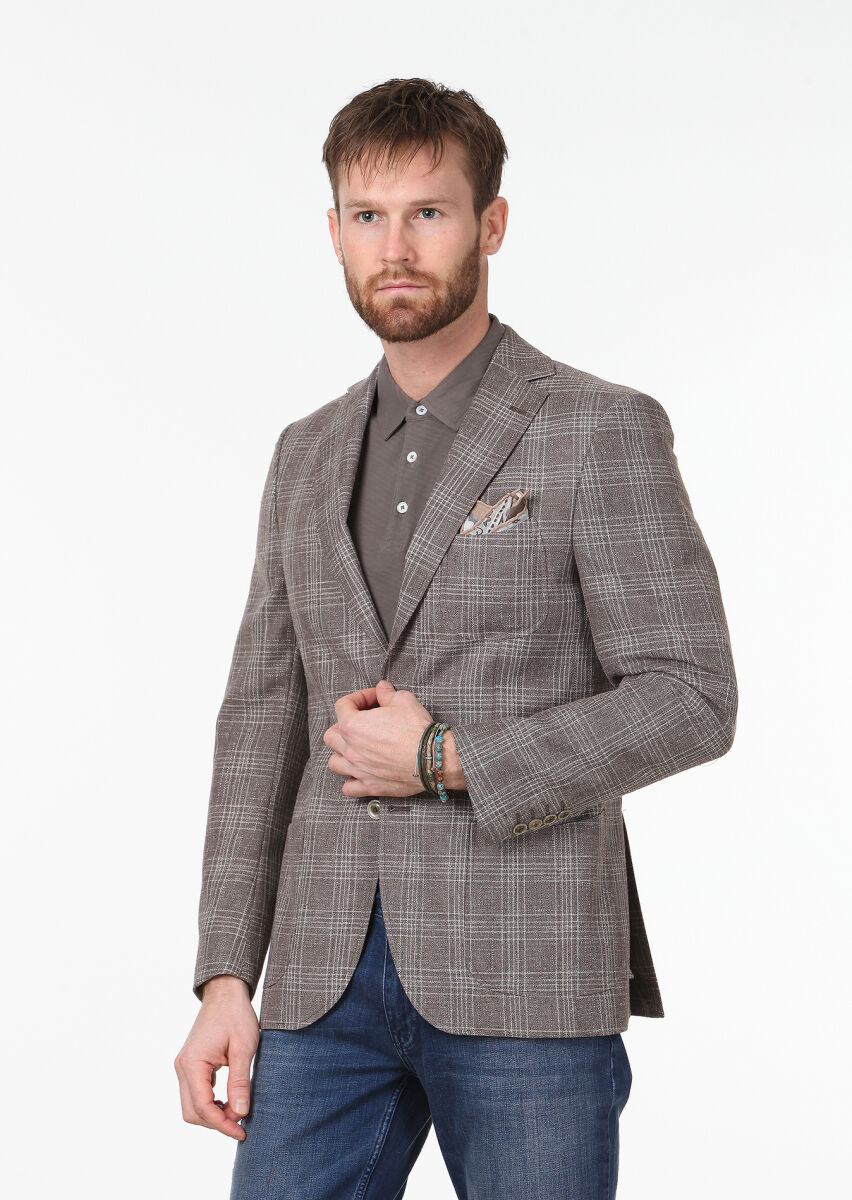 Light Brown Checkered Modern Fit Wool Blended Jacket - 2