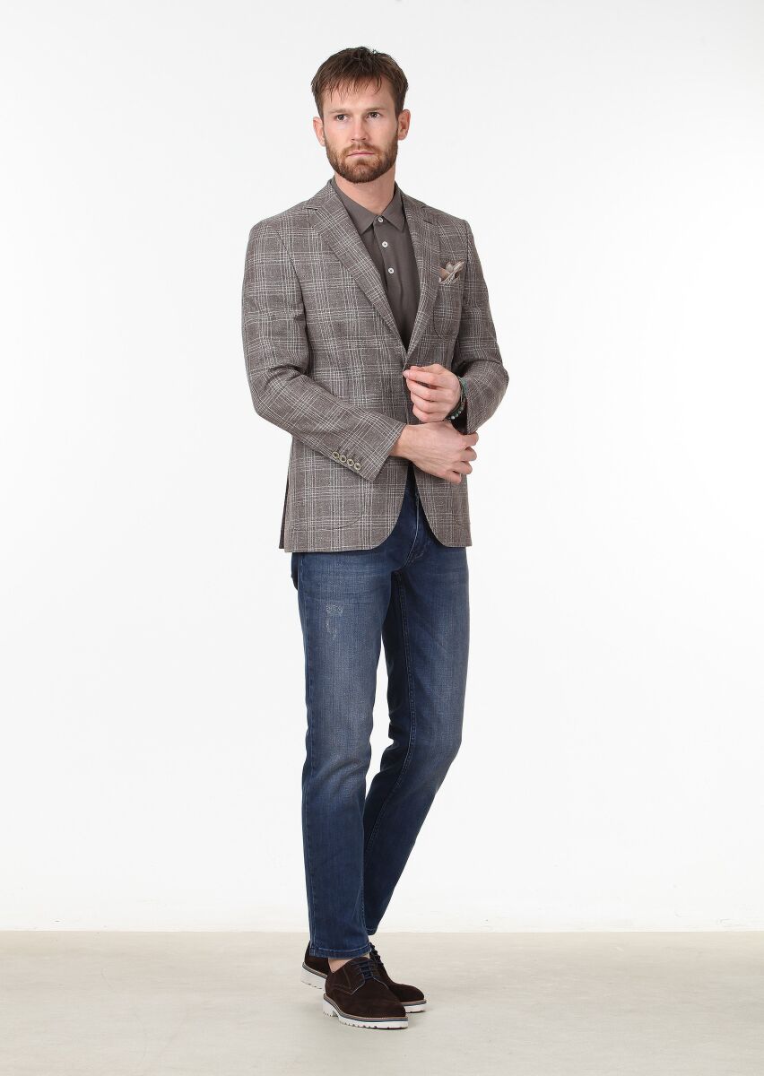 Light Brown Checkered Regular Fit Wool Blended Jacket - 2