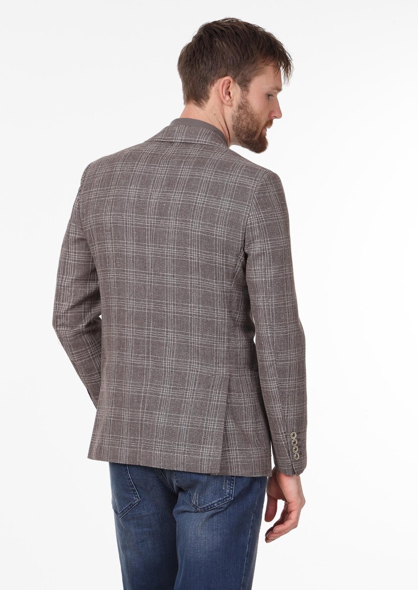 Light Brown Checkered Regular Fit Wool Blended Jacket - 4