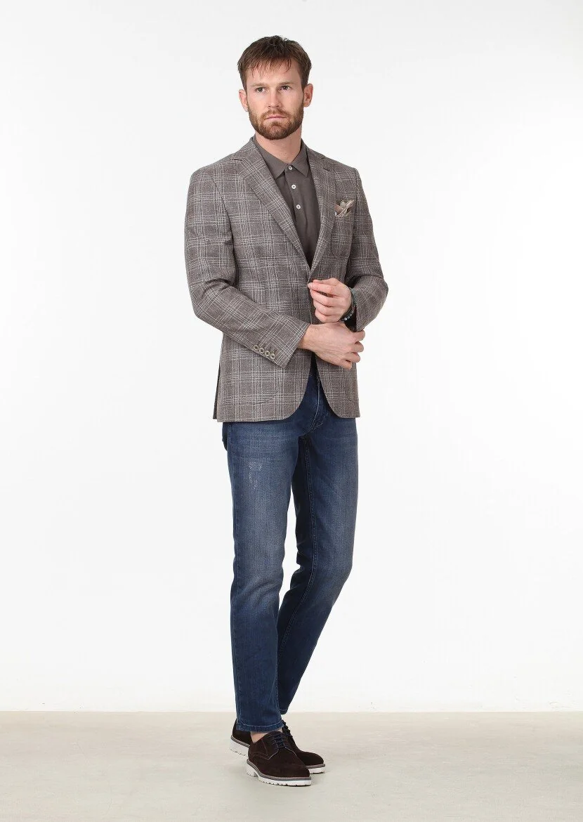 Light Brown Checkered Regular Fit Wool Blended Jacket - 2