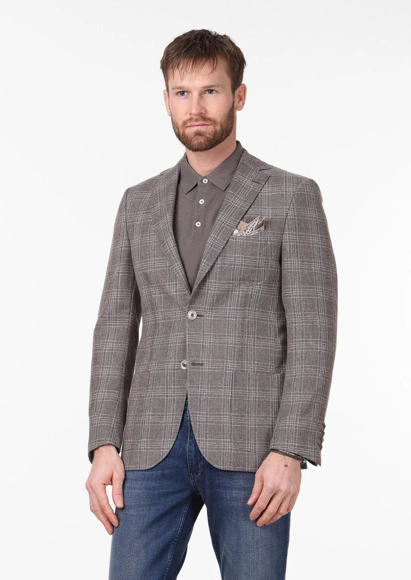 Light Brown Checkered Regular Fit Wool Blended Jacket - 3