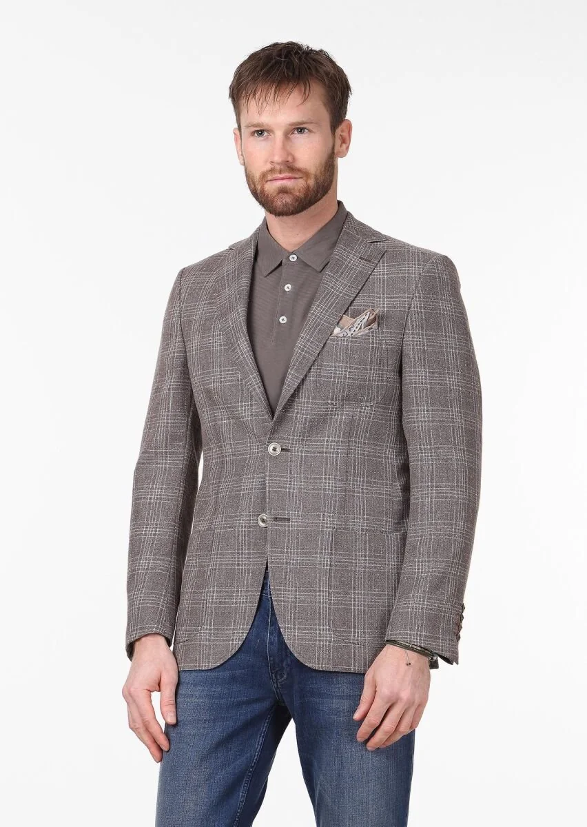 Light Brown Checkered Regular Fit Wool Blended Jacket - 3