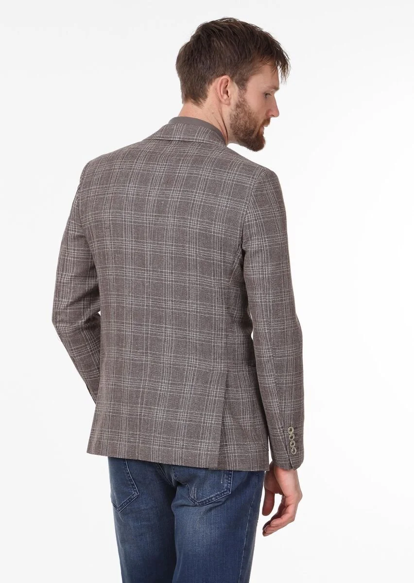 Light Brown Checkered Regular Fit Wool Blended Jacket - 4