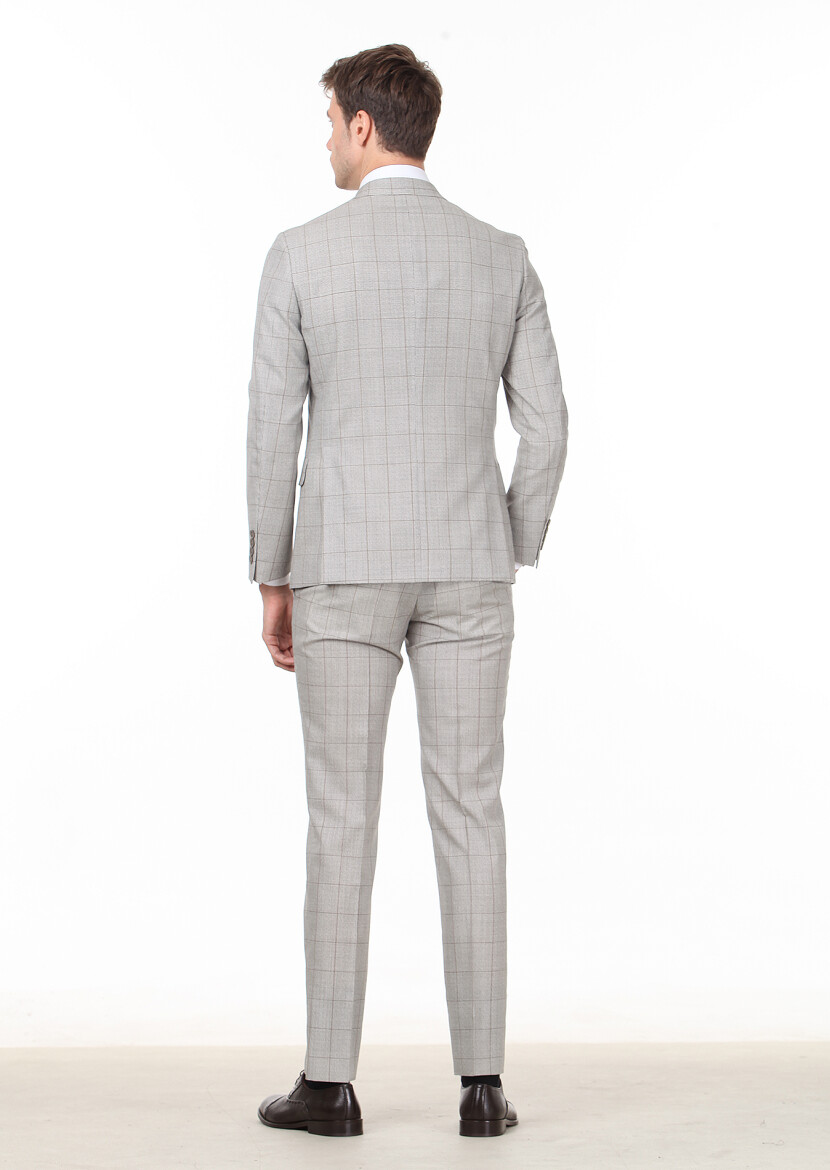 Light Brown Checkered Zeroweight Slim Fit 100% Wool Suit - 4