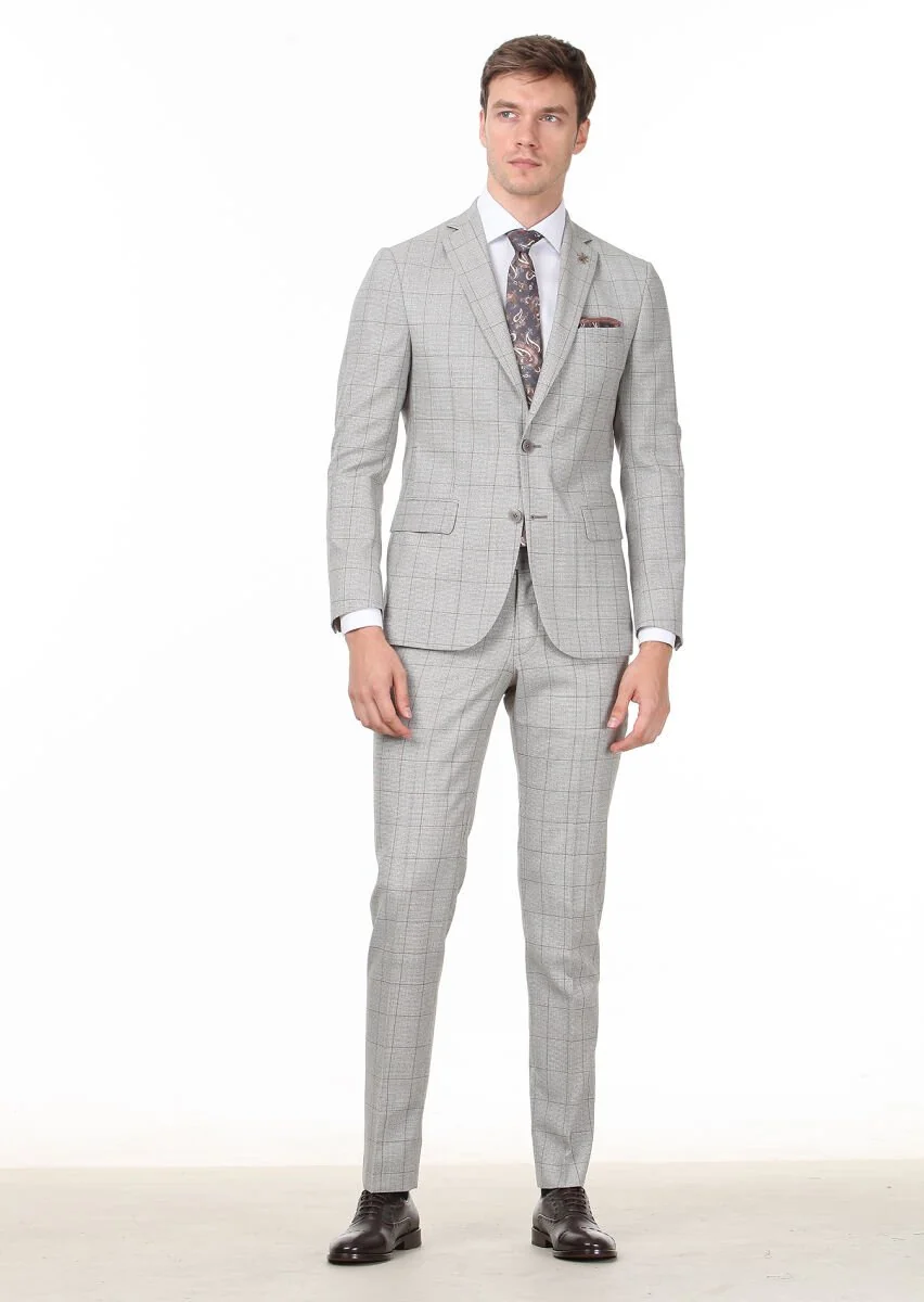Light Brown Checkered Zeroweight Slim Fit 100% Wool Suit - 3