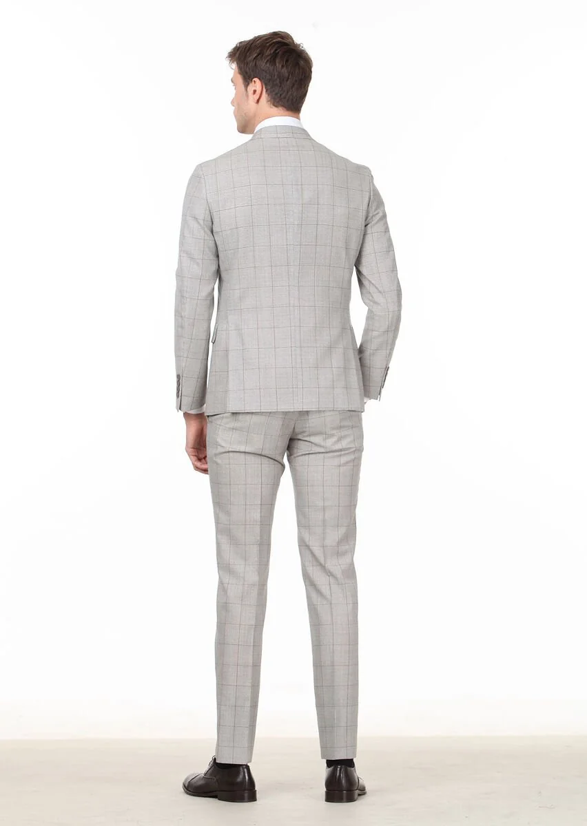 Light Brown Checkered Zeroweight Slim Fit 100% Wool Suit - 4