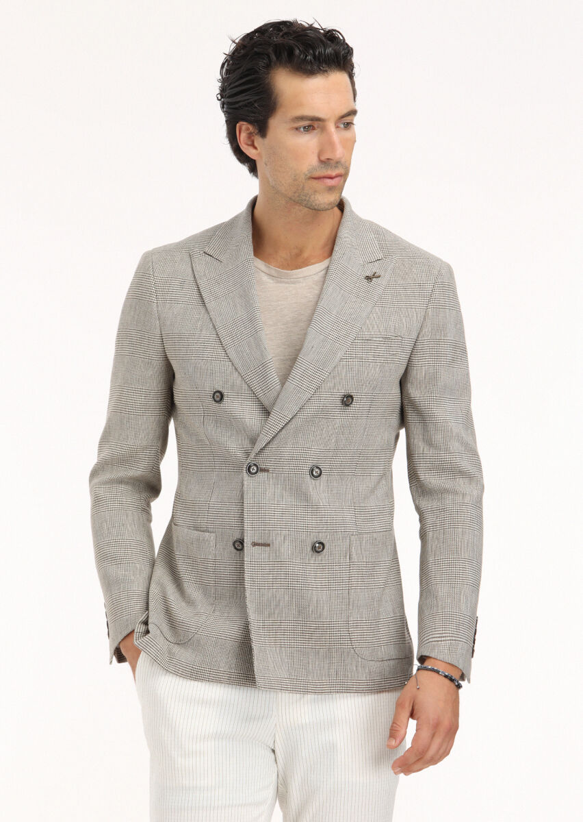 Light Brown Checkered Zeroweight Slim Fit Cotton Blended Jacket - 3