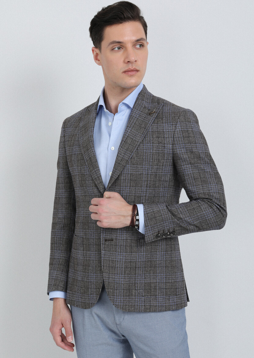 Light Brown Checkered Zeroweight Slim Fit Wool Blended Jacket - 2