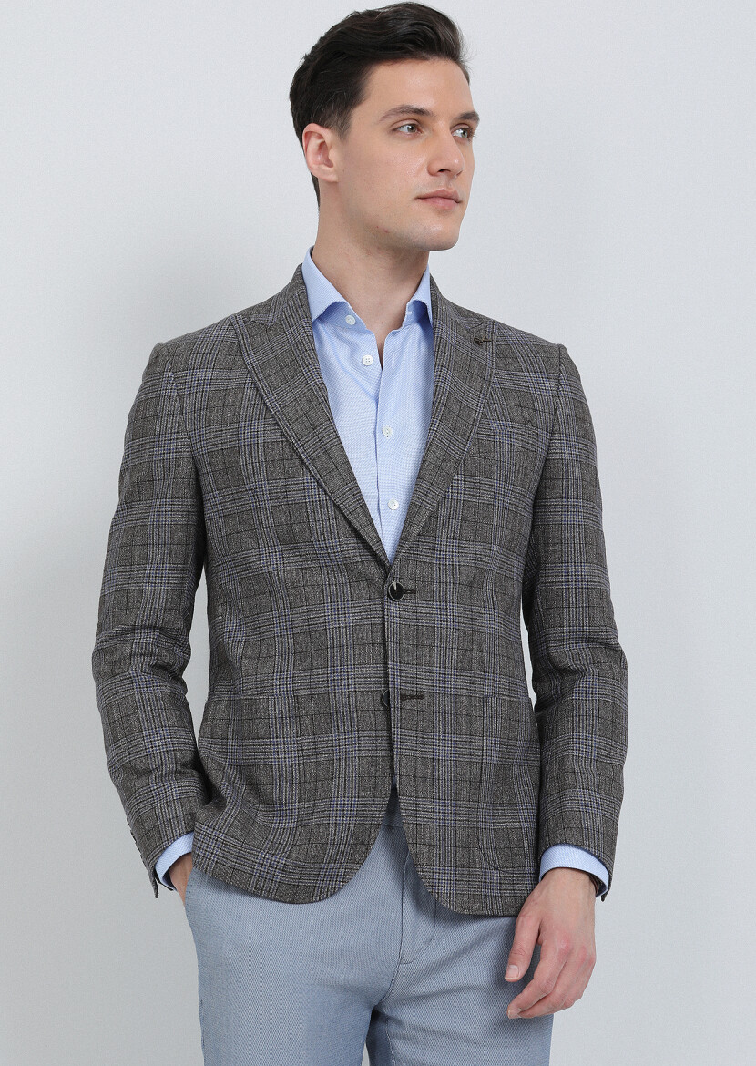 Light Brown Checkered Zeroweight Slim Fit Wool Blended Jacket - 3
