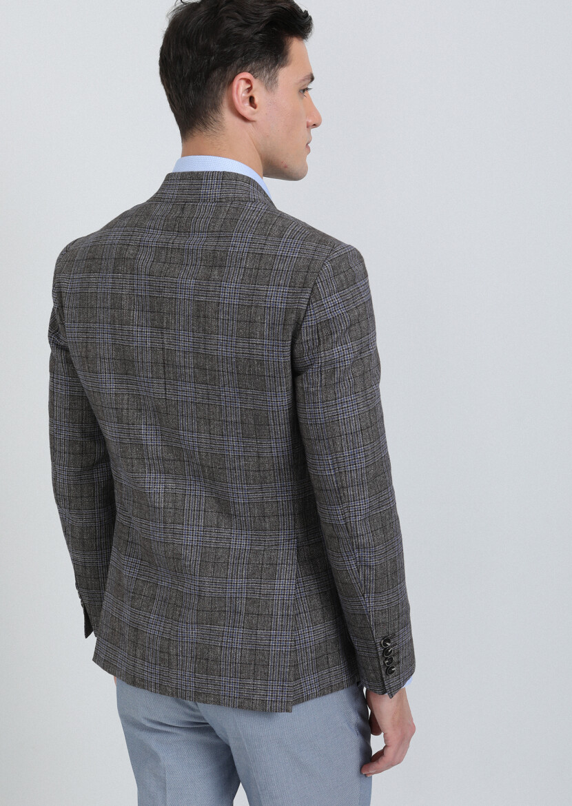 Light Brown Checkered Zeroweight Slim Fit Wool Blended Jacket - 5