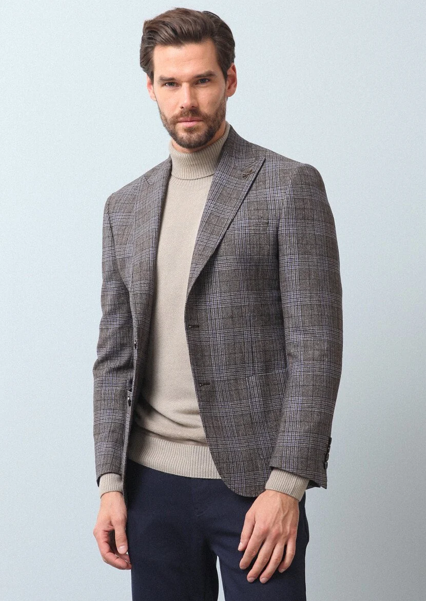 Light Brown Checkered Zeroweight Slim Fit Wool Blended Jacket - 1