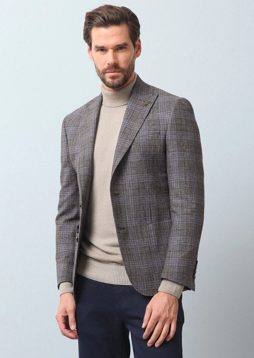Light Brown Checkered Zeroweight Slim Fit Wool Blended Jacket - 1