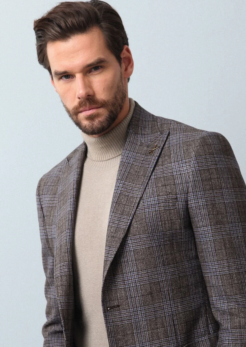 Light Brown Checkered Zeroweight Slim Fit Wool Blended Jacket - 2