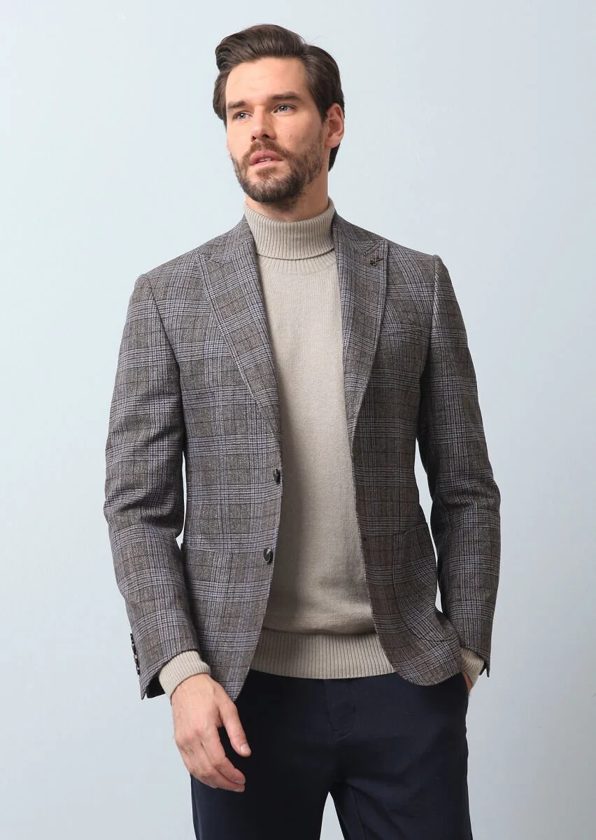 Light Brown Checkered Zeroweight Slim Fit Wool Blended Jacket - 3