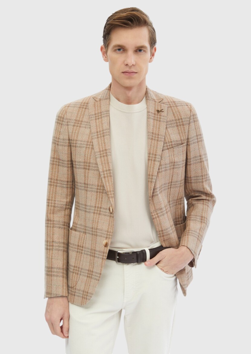 Light Brown Checkered Zeroweight Slim Fit Wool Blended Jacket - 3