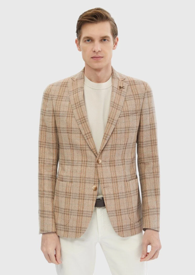 Light Brown Checkered Zeroweight Slim Fit Wool Blended Jacket - 1