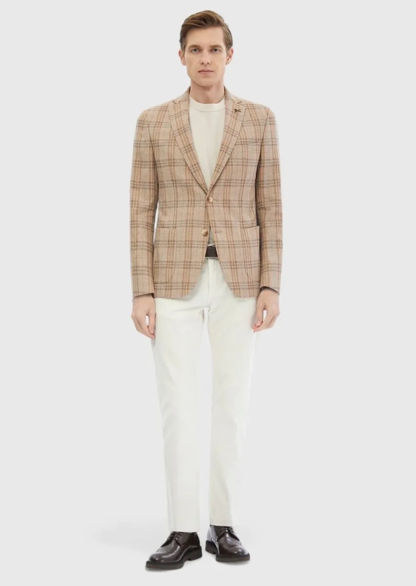 Light Brown Checkered Zeroweight Slim Fit Wool Blended Jacket - 2