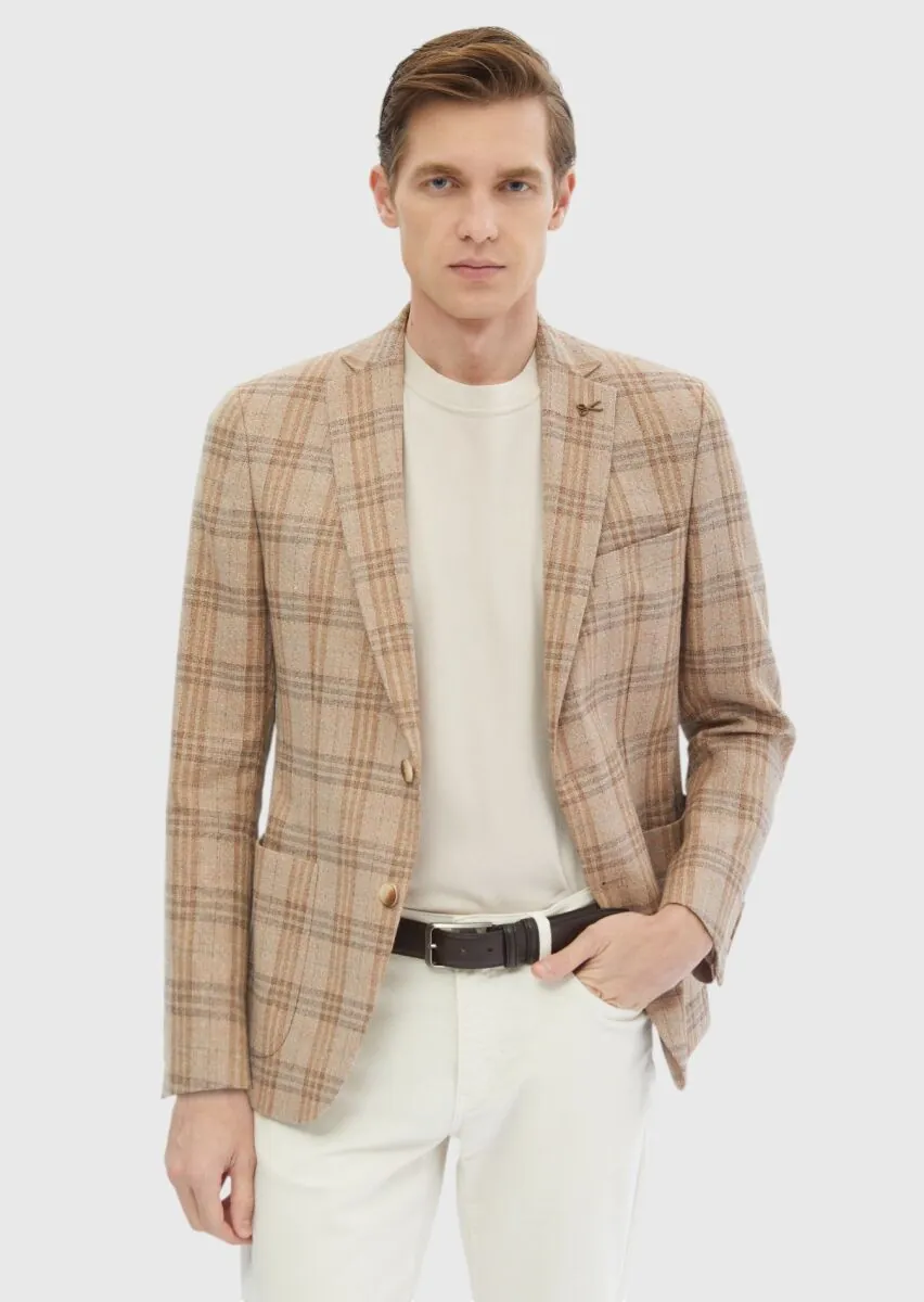 Light Brown Checkered Zeroweight Slim Fit Wool Blended Jacket - 3