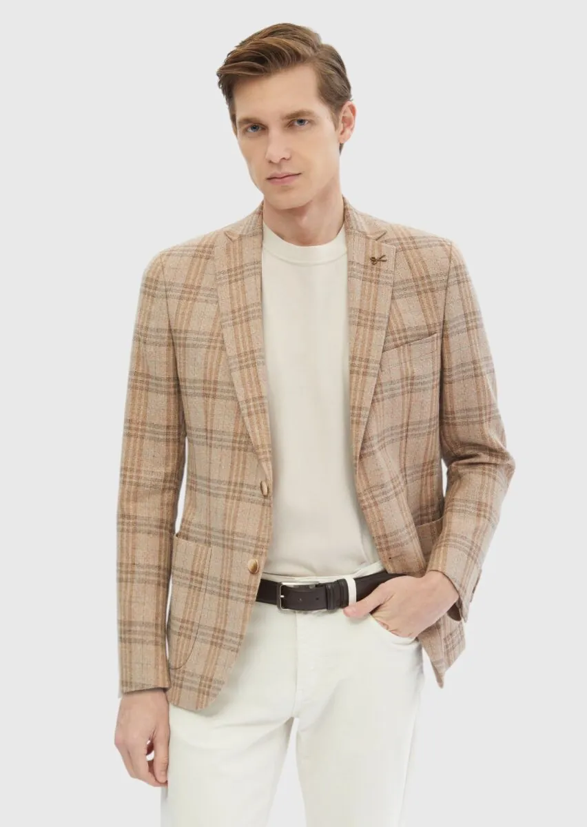 Light Brown Checkered Zeroweight Slim Fit Wool Blended Jacket - 4