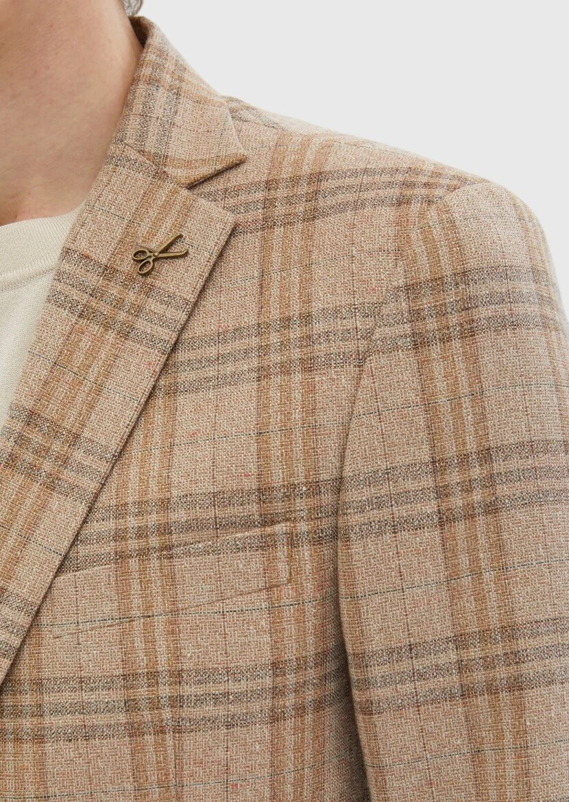 Light Brown Checkered Zeroweight Slim Fit Wool Blended Jacket - 6