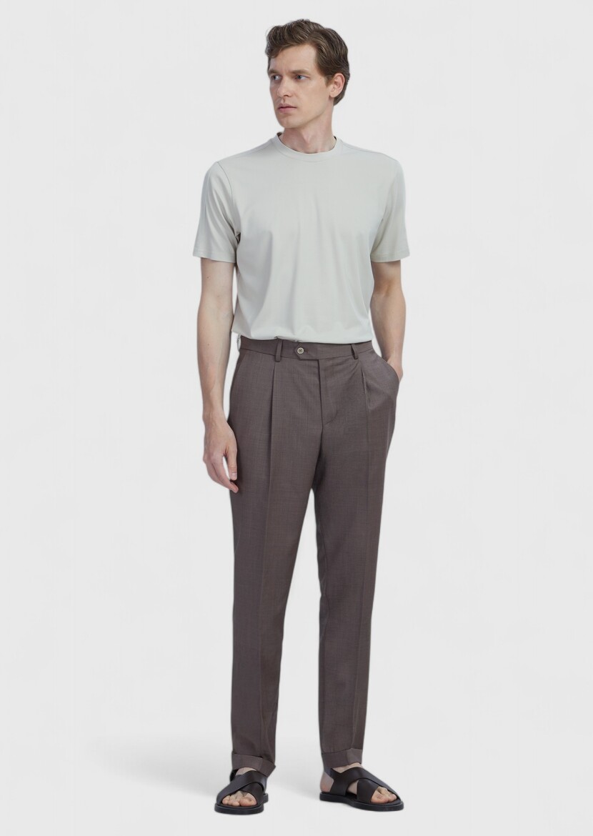 Light Brown Material Slim Fit Casual 100% Wool Trousers - RAMSEY