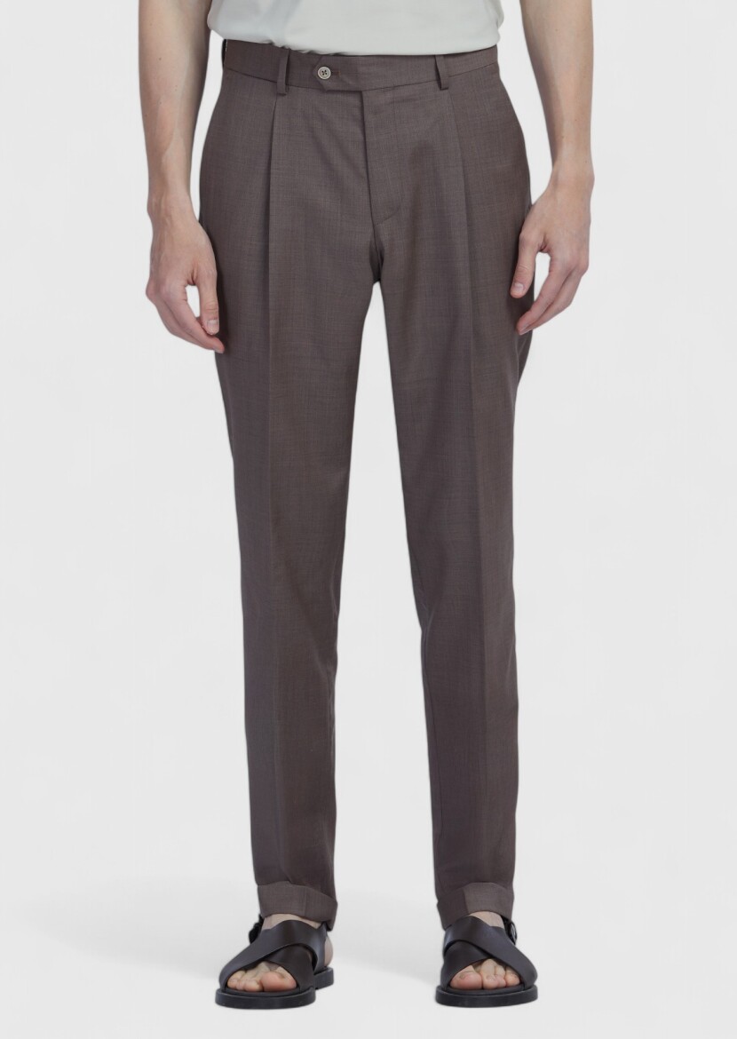 Light Brown Material Slim Fit Casual 100% Wool Trousers 