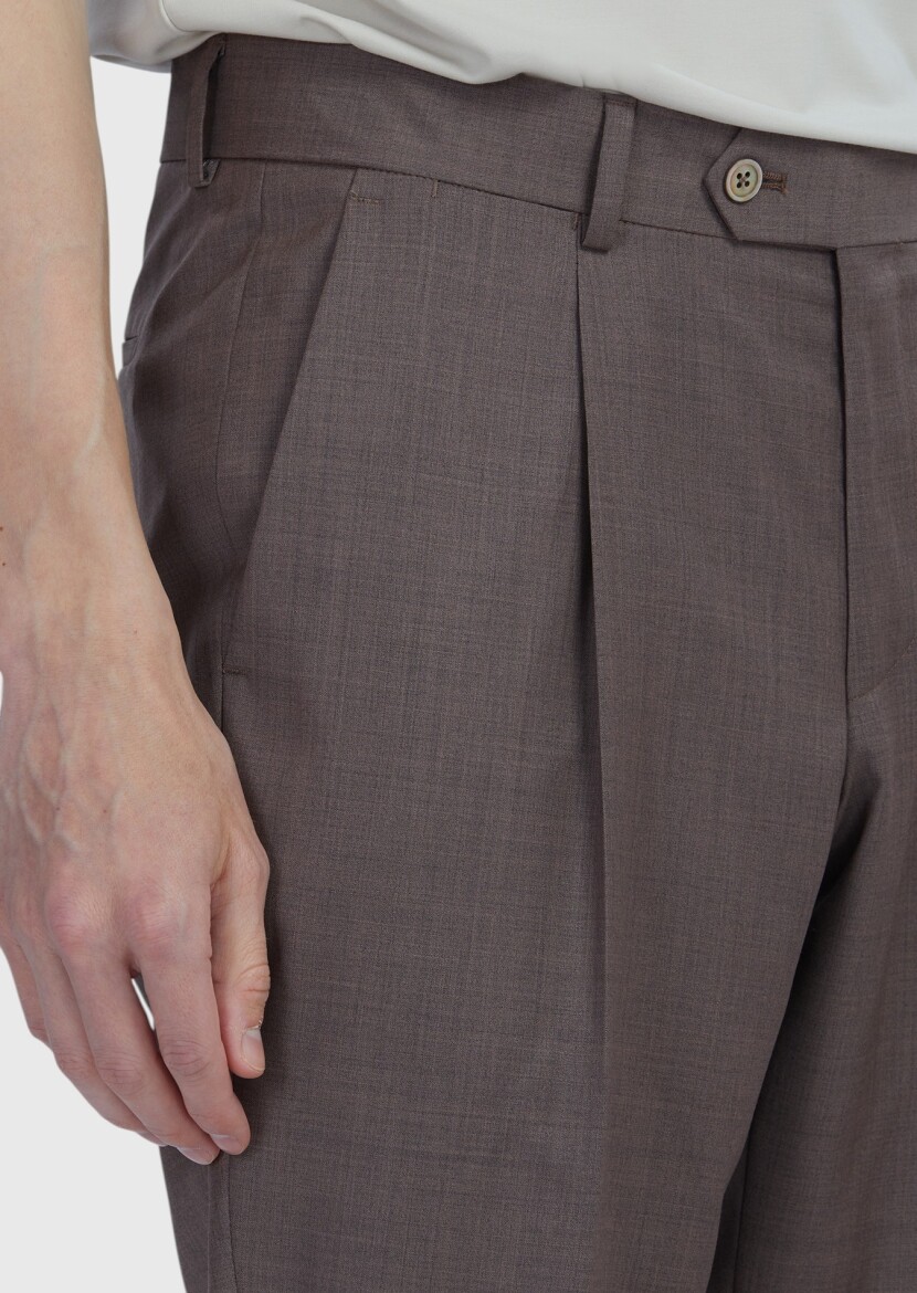 Light Brown Material Slim Fit Casual 100% Wool Trousers - 3