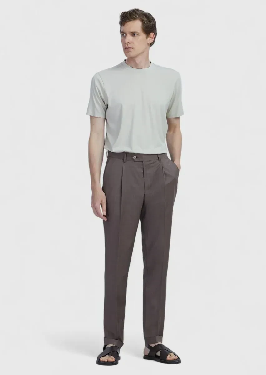 Light Brown Material Slim Fit Casual 100% Wool Trousers - 1