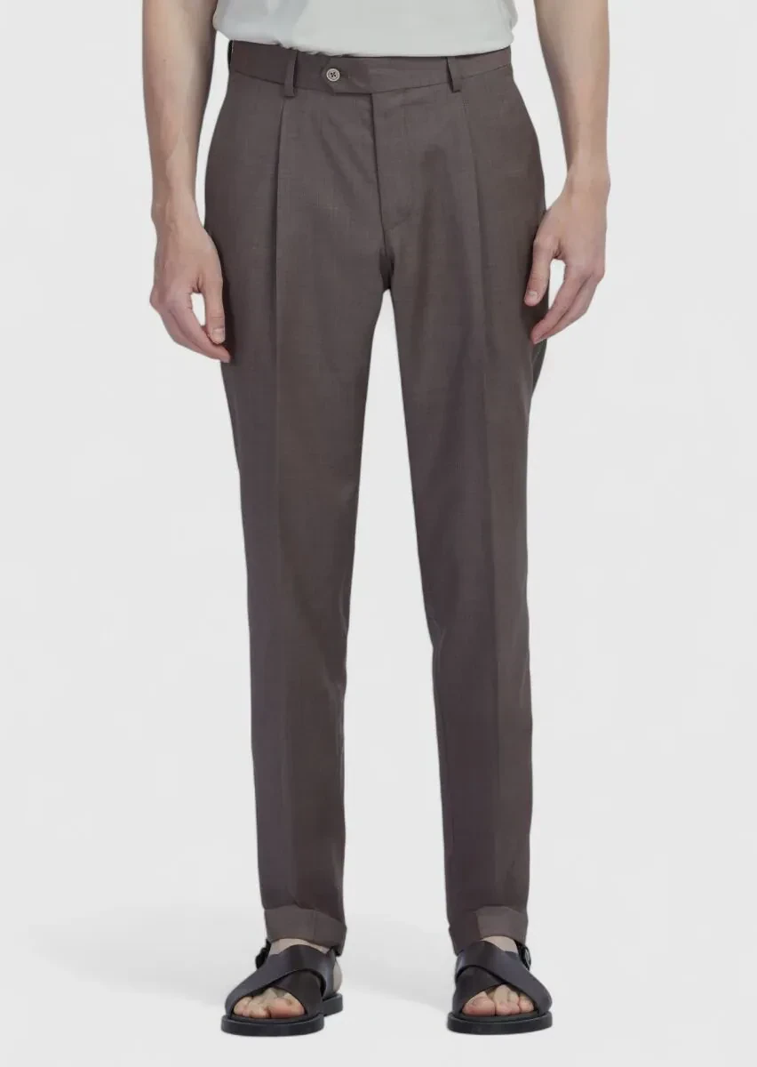 Light Brown Material Slim Fit Casual 100% Wool Trousers - 2