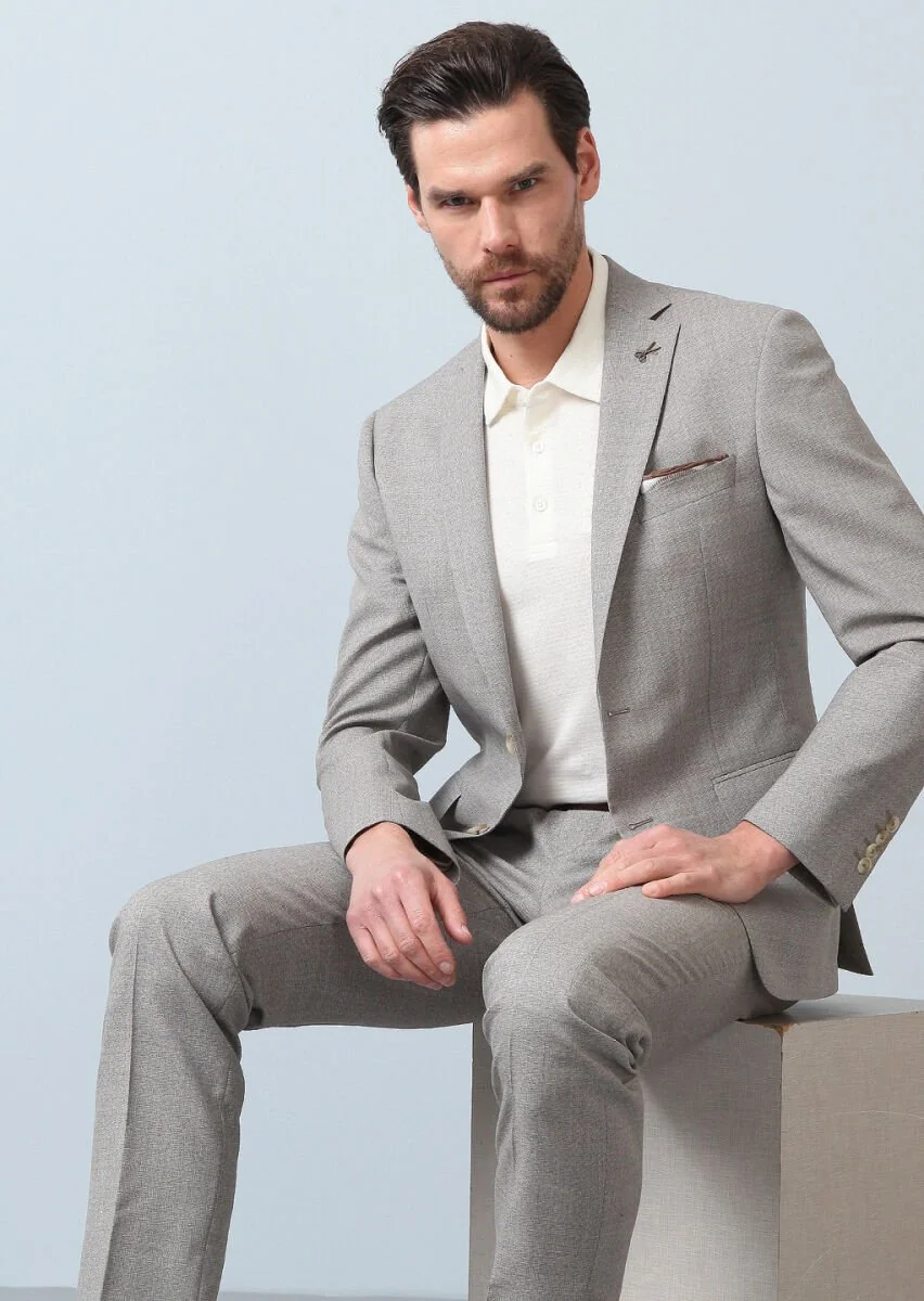 Light Brown Micro Zeroweight Slim Fit 100% Wool Suit - 1