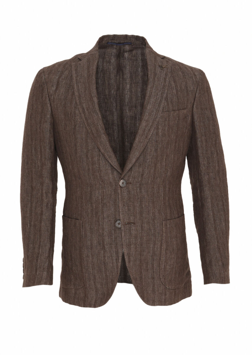 Light Brown Patterned Shirt Shoulder Slim Fit 100% Linen Jacket - 1