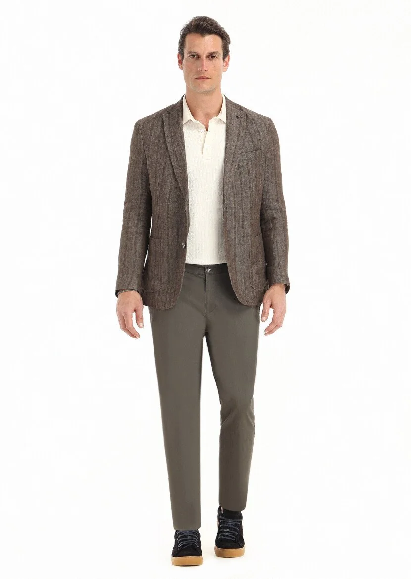 Light Brown Patterned Shirt Shoulder Slim Fit 100% Linen Jacket - 1