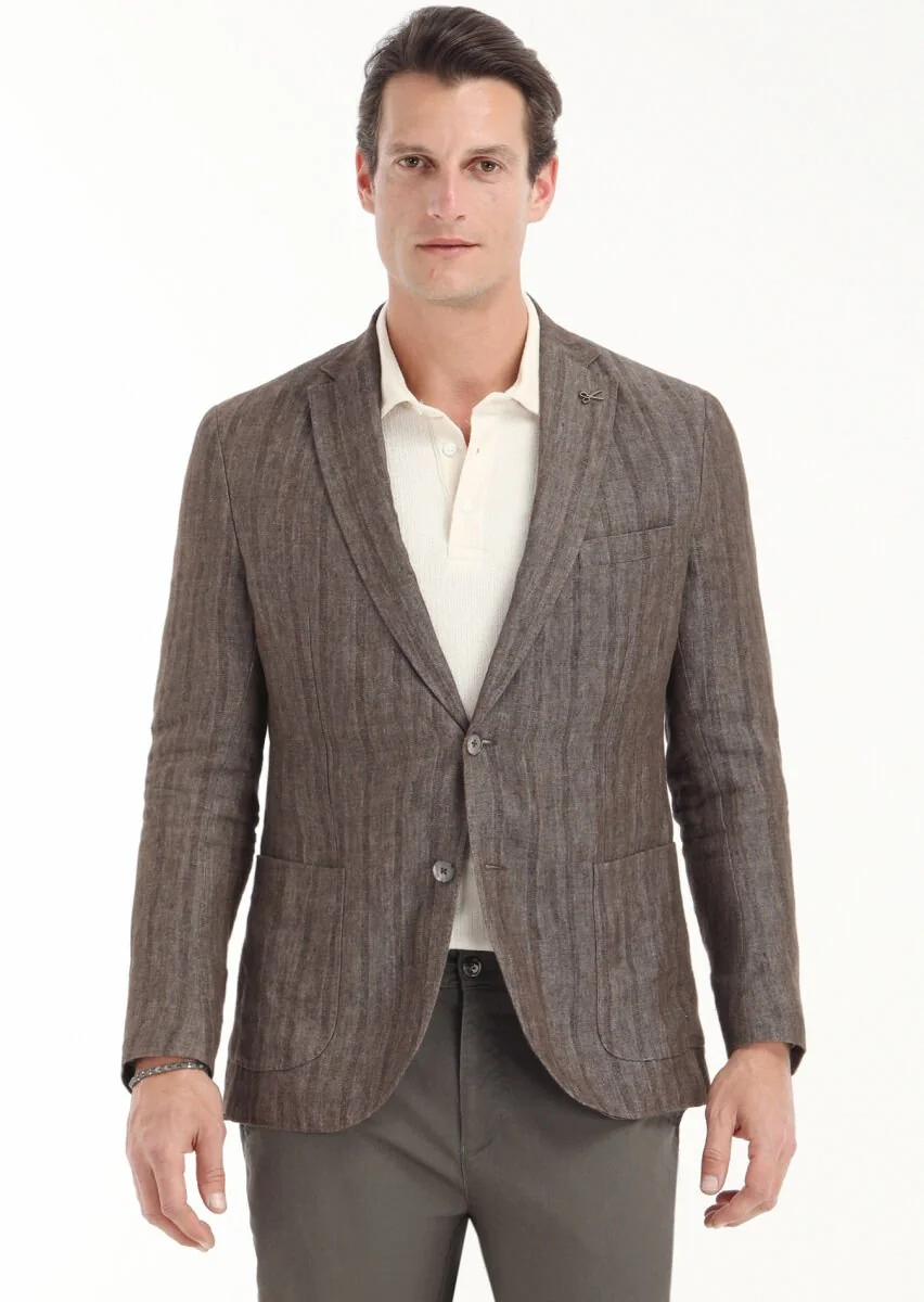 Light Brown Patterned Shirt Shoulder Slim Fit 100% Linen Jacket - 2