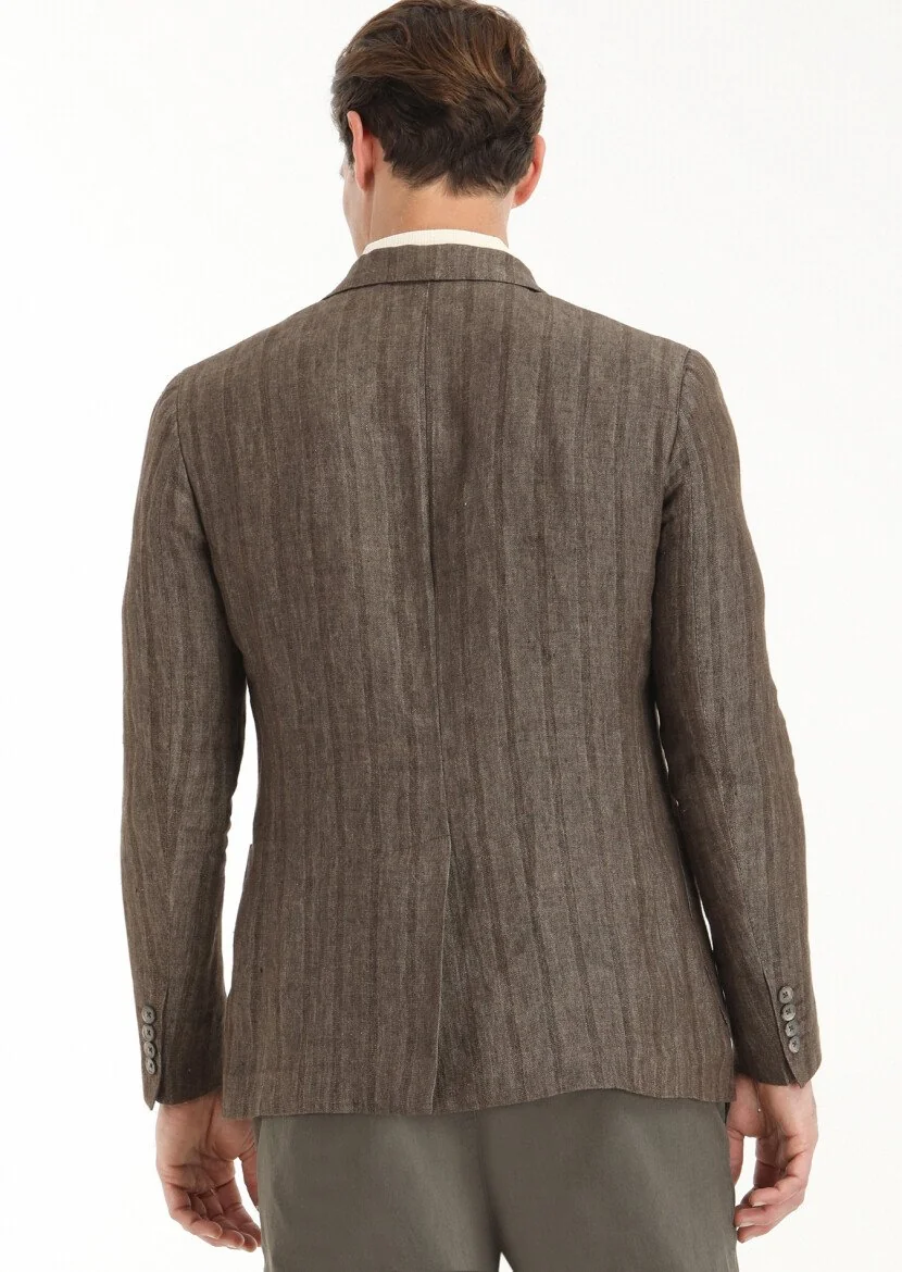 Light Brown Patterned Shirt Shoulder Slim Fit 100% Linen Jacket - 4