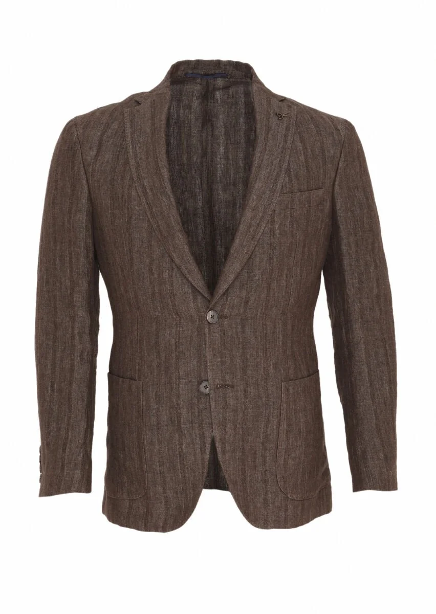 Light Brown Patterned Shirt Shoulder Slim Fit 100% Linen Jacket - 6