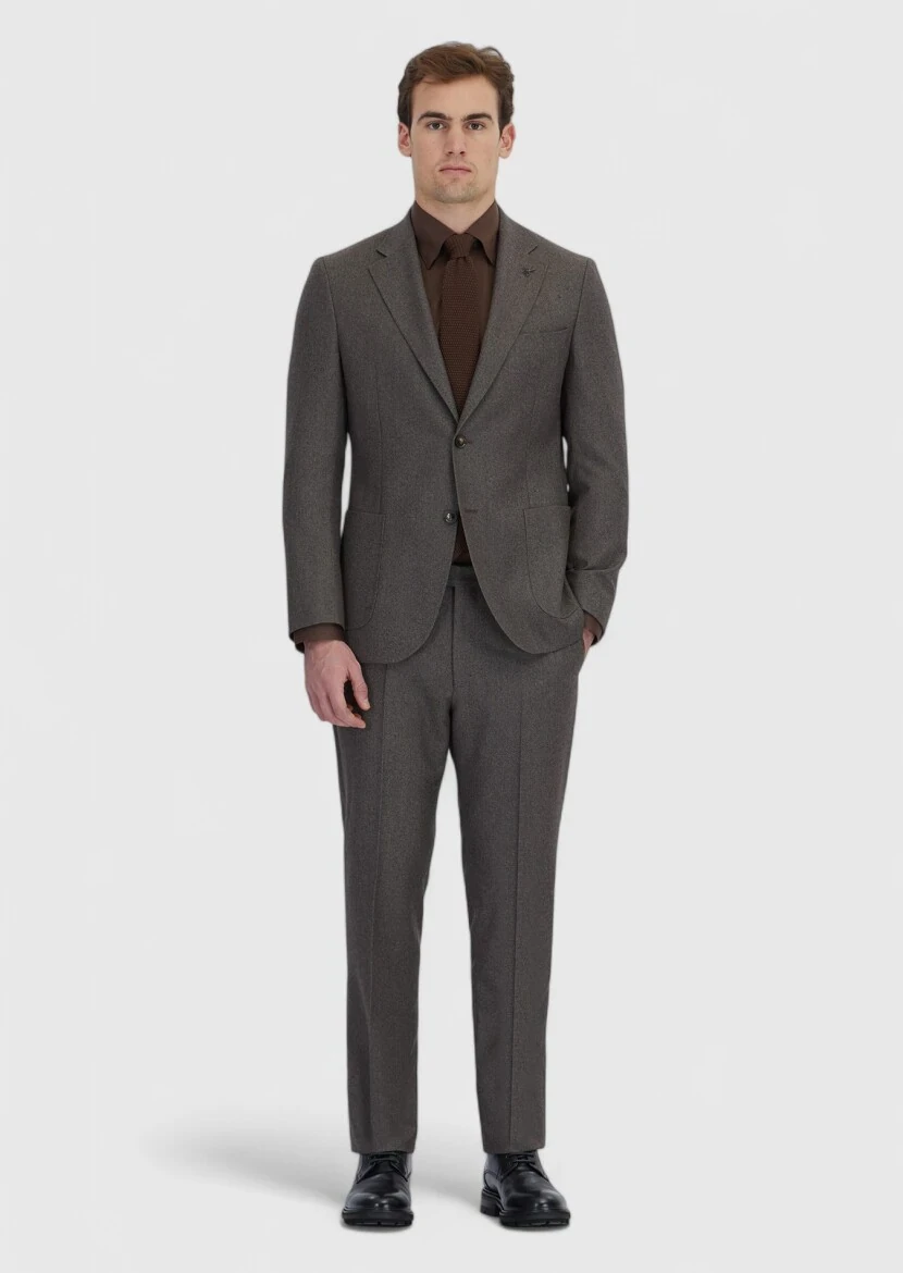 Light Brown Patterned Zeroweight Slim Fit 100% Wool Suit - RAMSEY