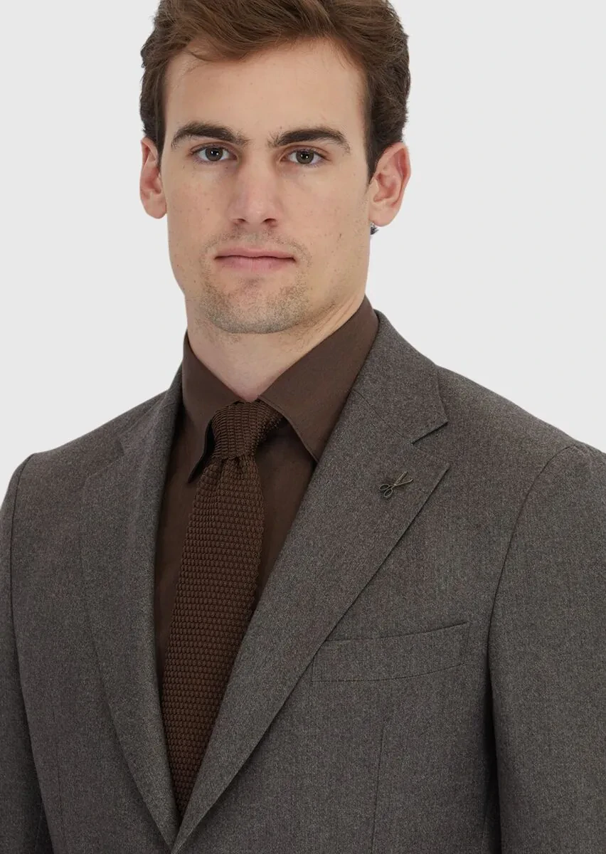 Light Brown Patterned Zeroweight Slim Fit 100% Wool Suit - 3